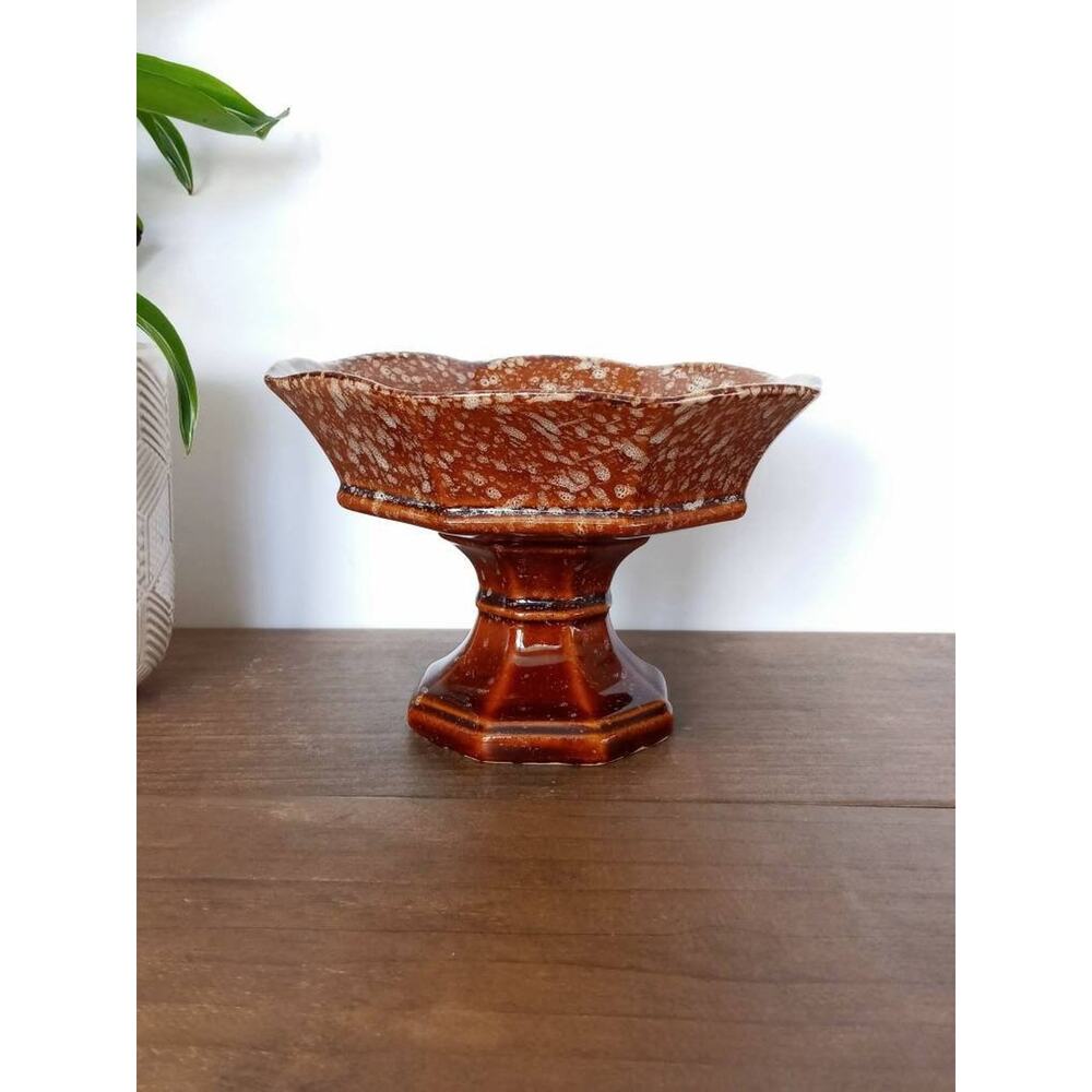 Vintage Brown Pedestal Planter, Splatter Painted Ceramic